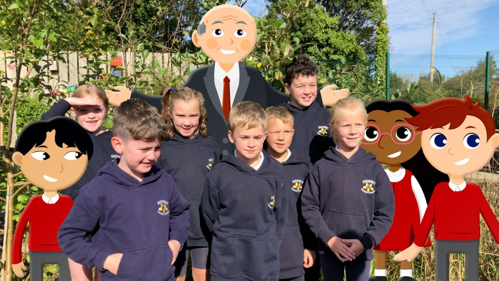 The pupils of Derryboy Primary School with Mr McClure and some of the children of Ballybarnock Primary School. 